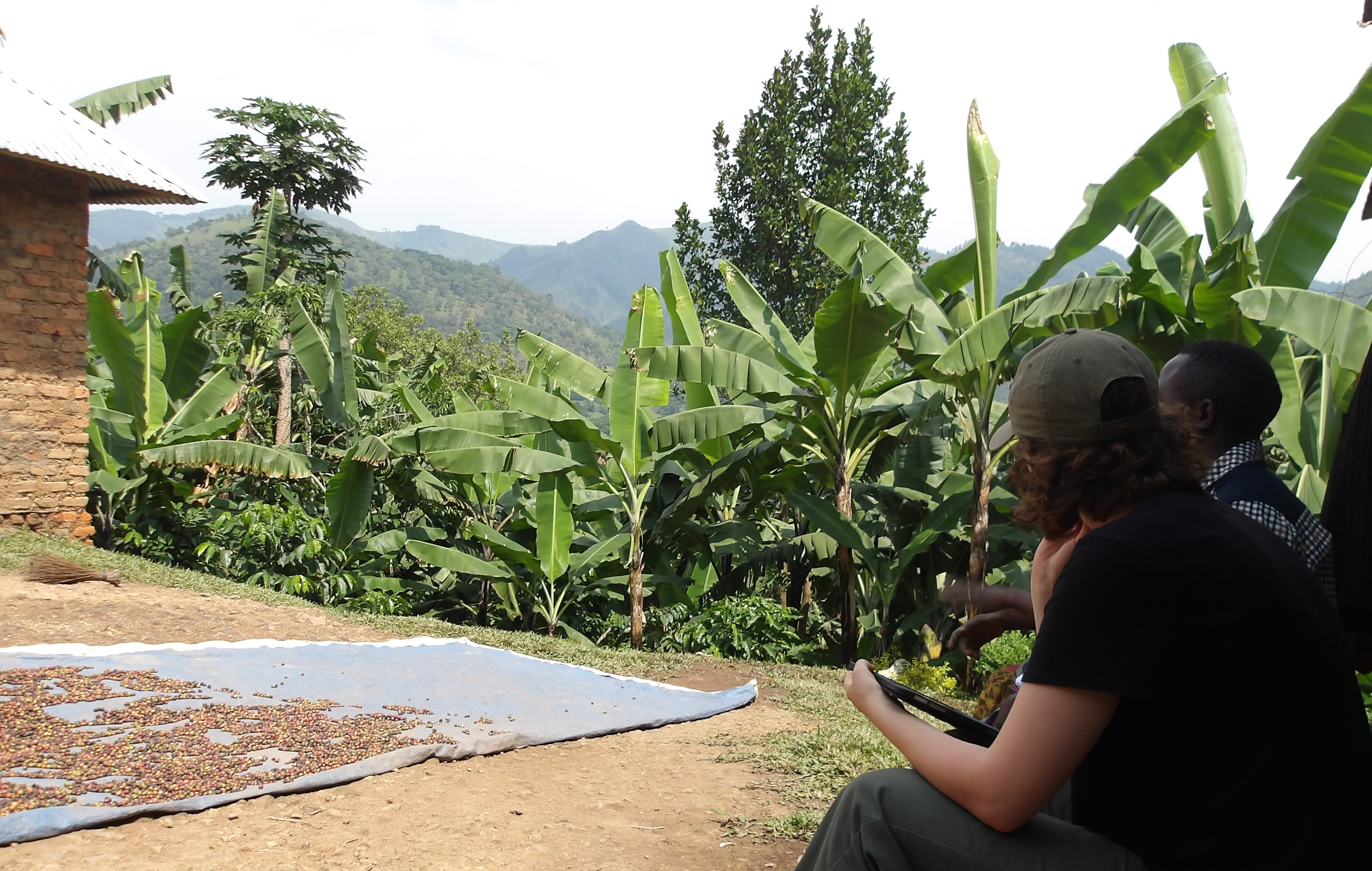 two people sitting against a house looking out into a banana plantation