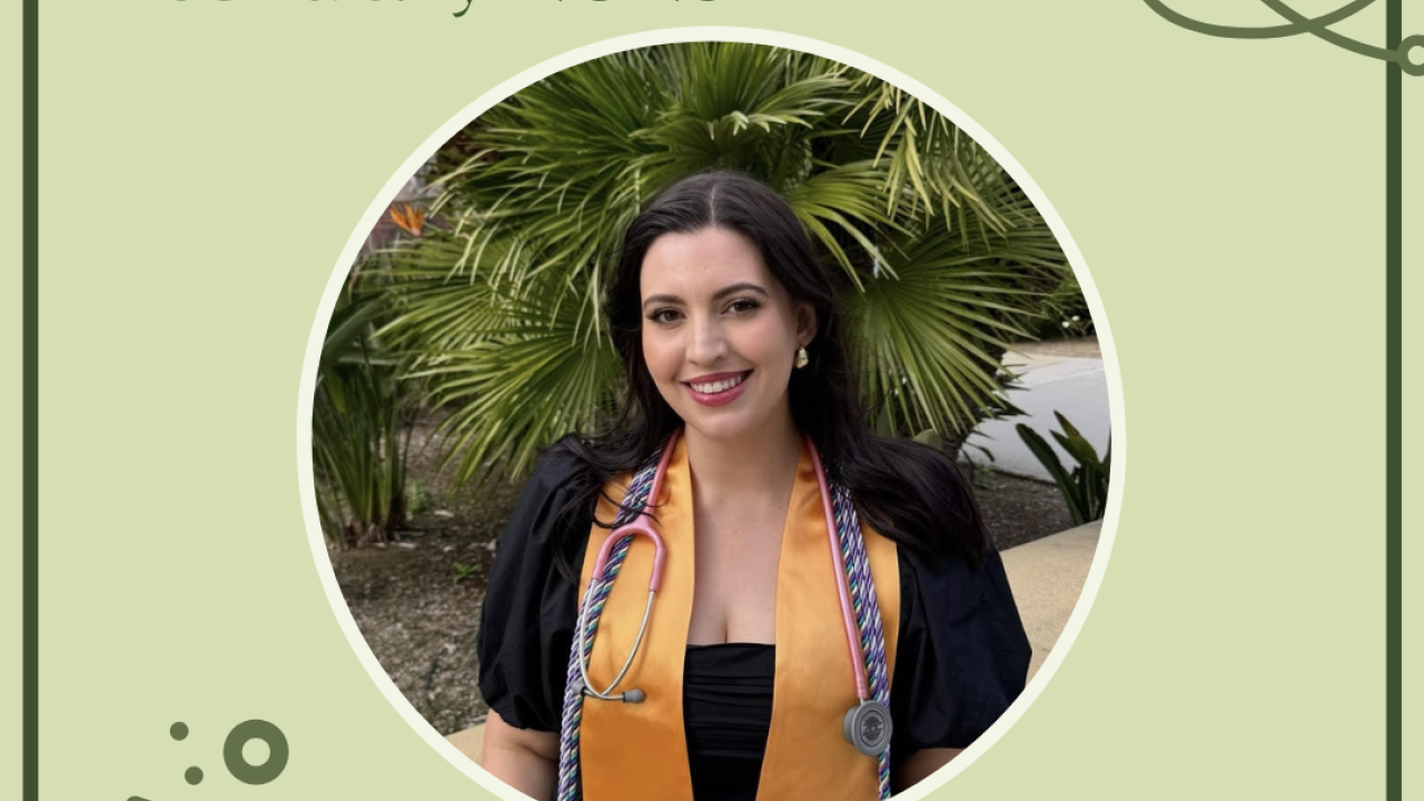 Graphic of Jocelyn with her photo and graphics representing her research and nursing