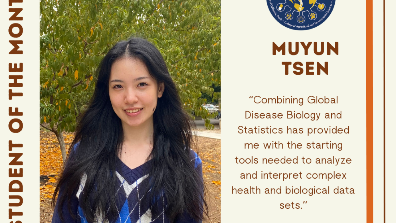 December SOM graphic, including a photo of Muyun standing in front of trees.