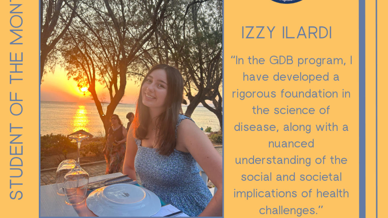 graphic featuring izzy smiling