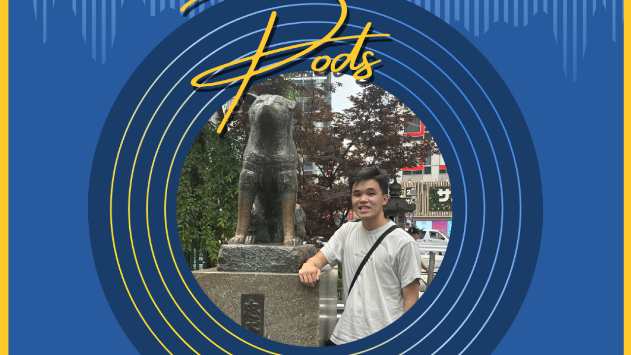 graphic featuring nich smiling next to a statue