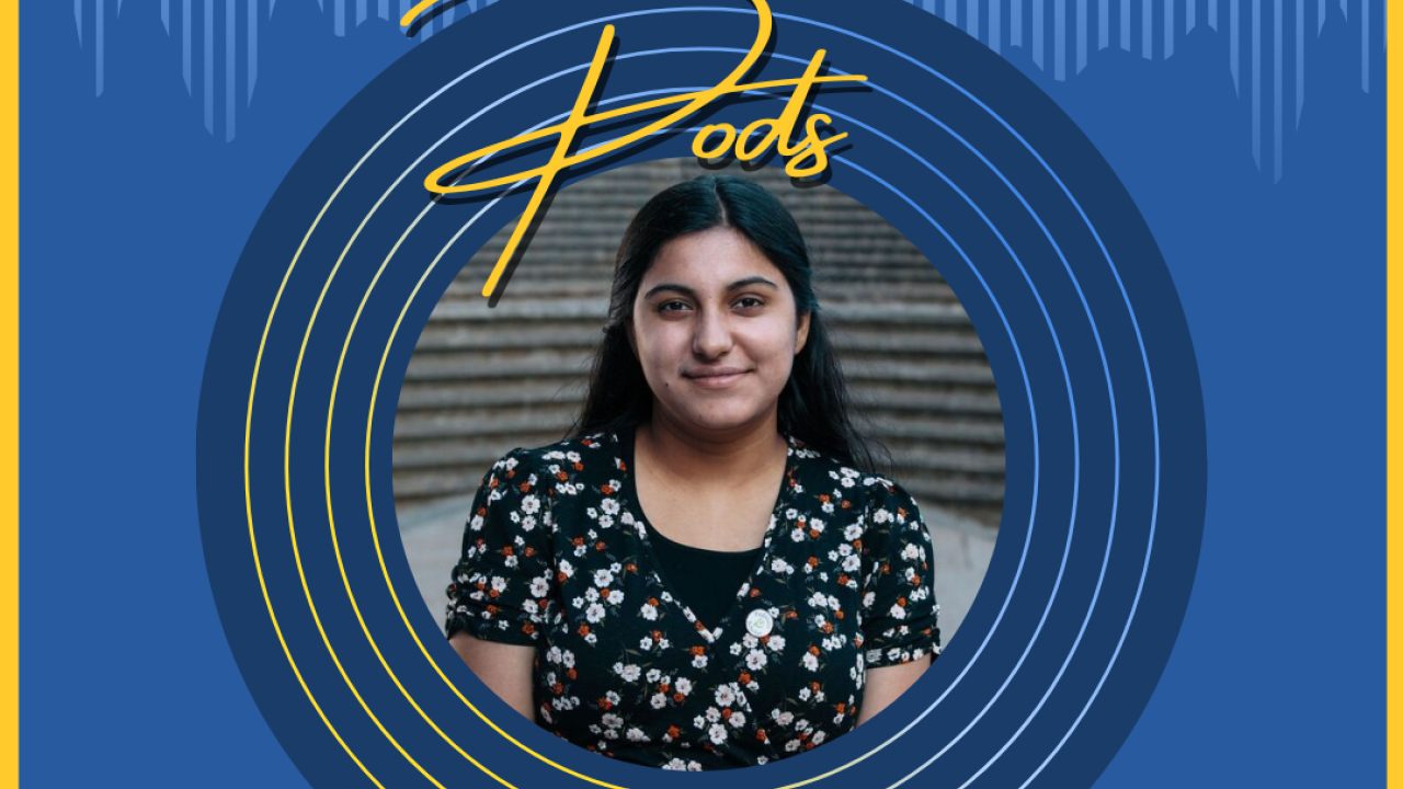 graphic featuring Nimra smiling