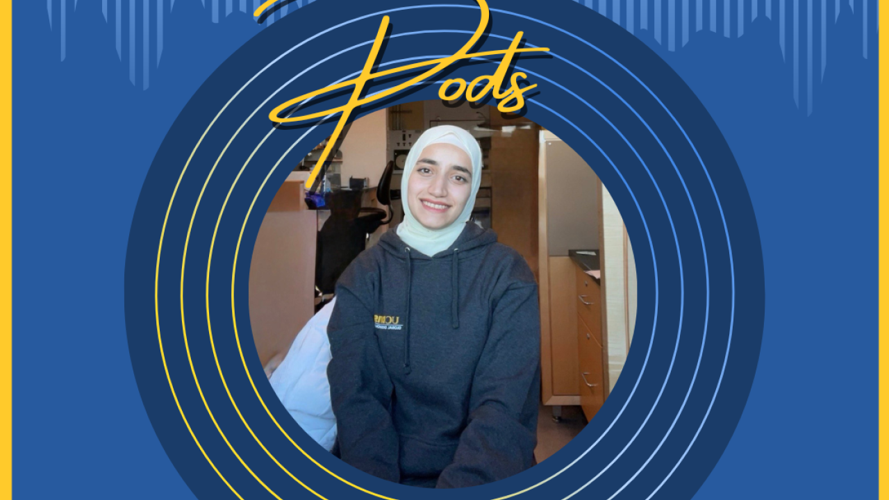 Podcast graphic with circular photo of smiling woman in hijab, blue background, yellow text