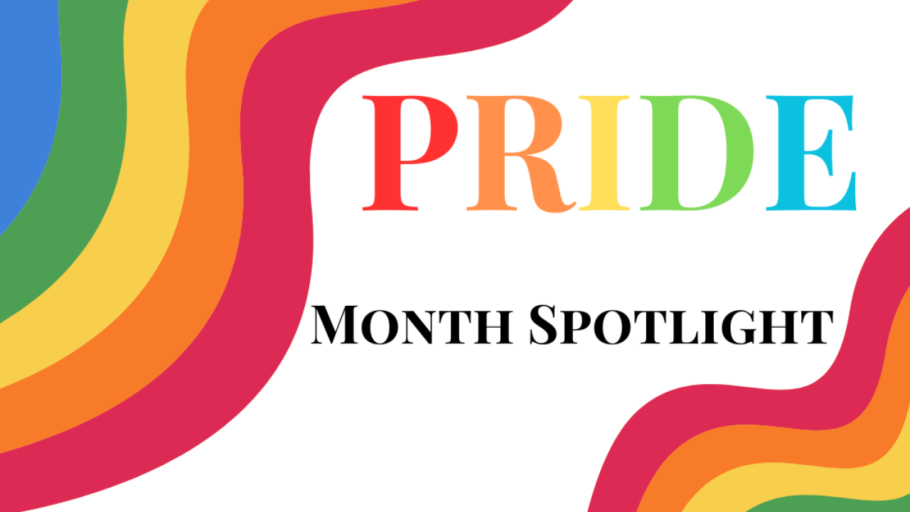 graphic with rainbows bordering the words "GDB advising presents, Pride month spotlight"