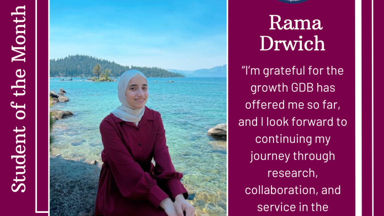 Photograph of September Student of the Month: Rama Drwich with a quote about the GDB experience.