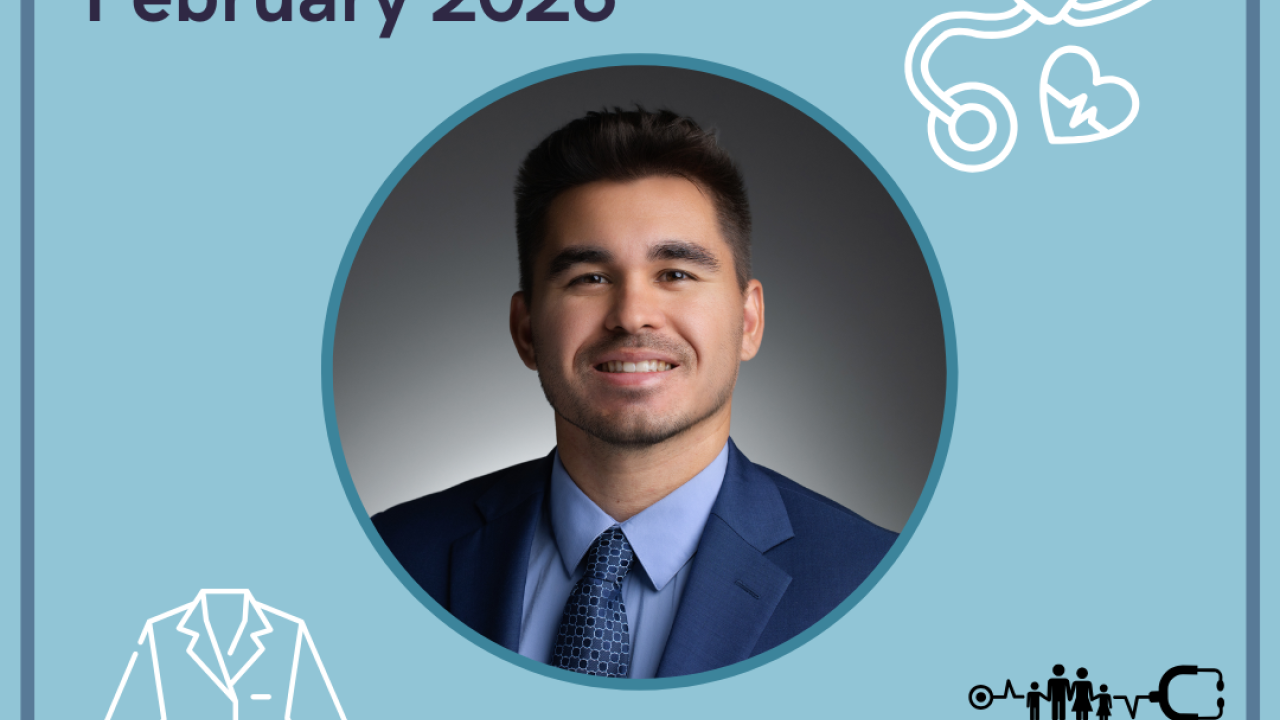 Alumni spotlight graphic featuring Andrew Johnson, smiling in a circular frame with medical icons.