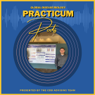 Practicum Pods logo with picture of Alejandro in the center with his research poster