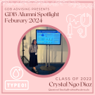 Alumni Spotlight graphic featuring Crystal at a conference